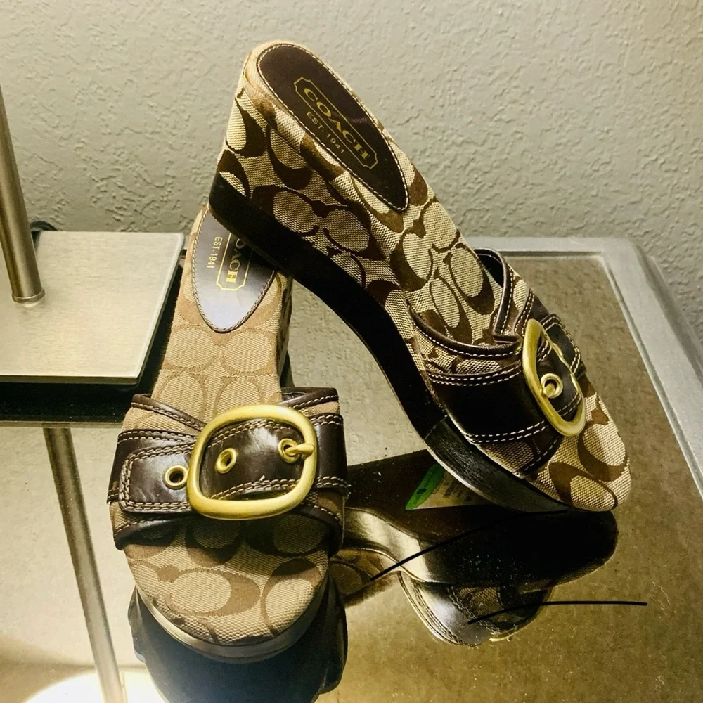Coach Tan & Brown Signature Canvas Wedge Mules with Gold Buckle - Picture 2 of 7